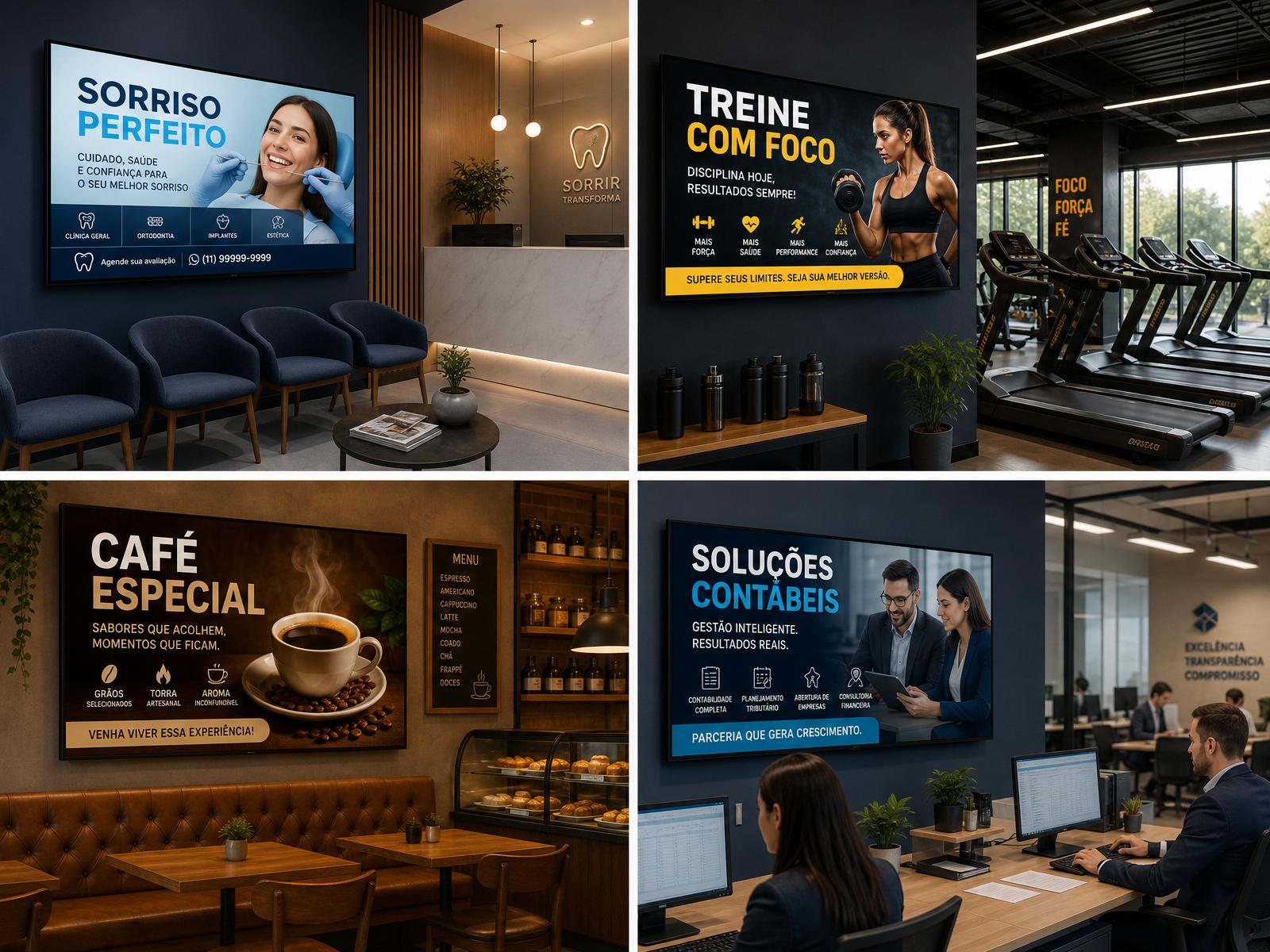 TVs exibindo comerciais em consultório, academia, cafeteria e escritório